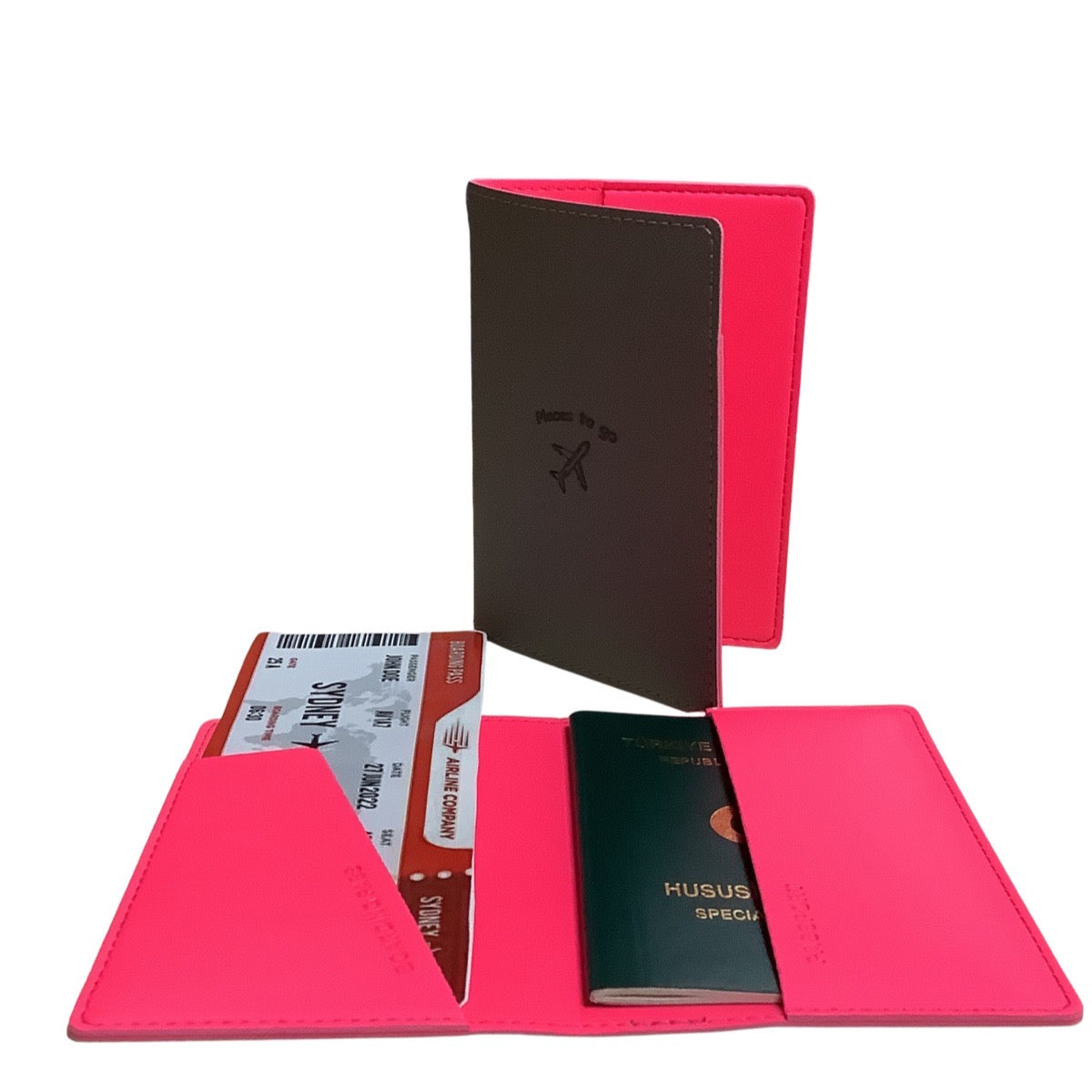 Acar Mira Termo Deri Çift Renk Pasaport Kılıfı Pasaportluk Seyahat Cüzdanı Gri-Neon Pembe
