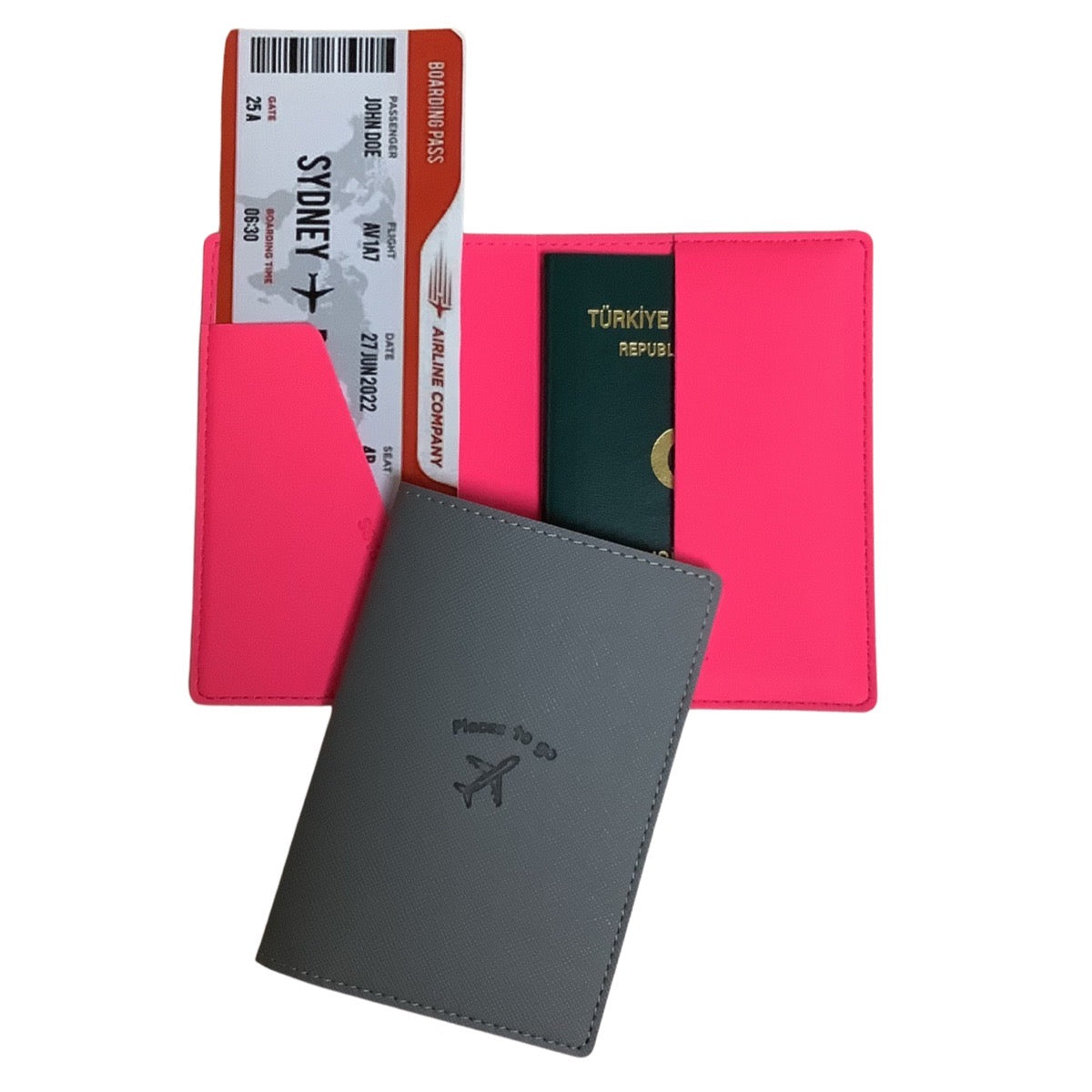 Acar Mira Termo Deri Çift Renk Pasaport Kılıfı Pasaportluk Seyahat Cüzdanı Gri-Neon Pembe