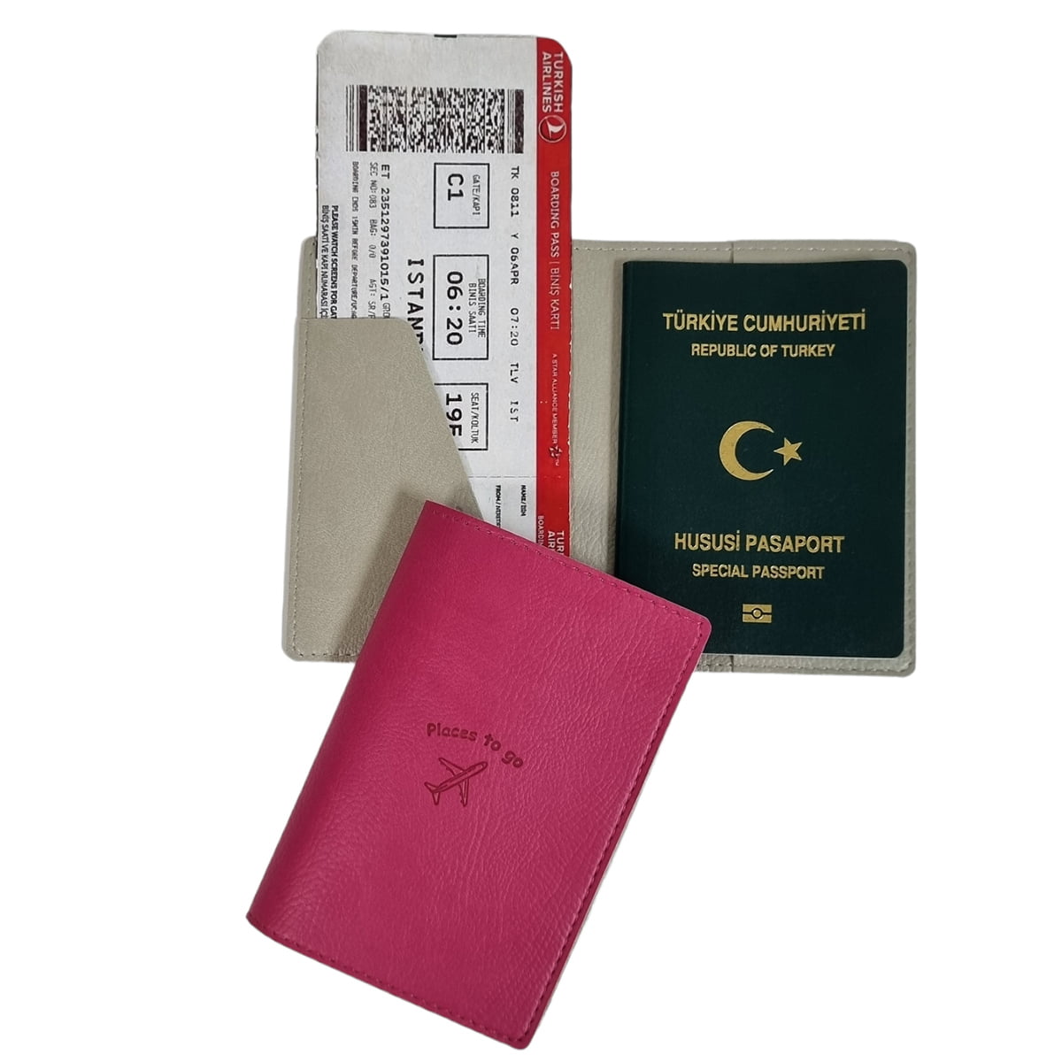 Acar Mira Termo  Deri Çift Renk Pasaport Kılıfı Pasaportluk Seyahat Cüzdanı Fuşya-Taş Rengi