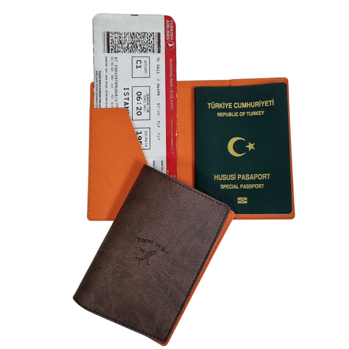 Acar Mira Termo Deri Çift Renk Pasaport Kılıfı Pasaportluk Seyahat Cüzdanı Kahverengi-Turuncu