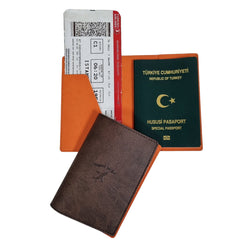 Acar Mira Termo Deri Çift Renk Pasaport Kılıfı Pasaportluk Seyahat Cüzdanı Kahverengi-Turuncu