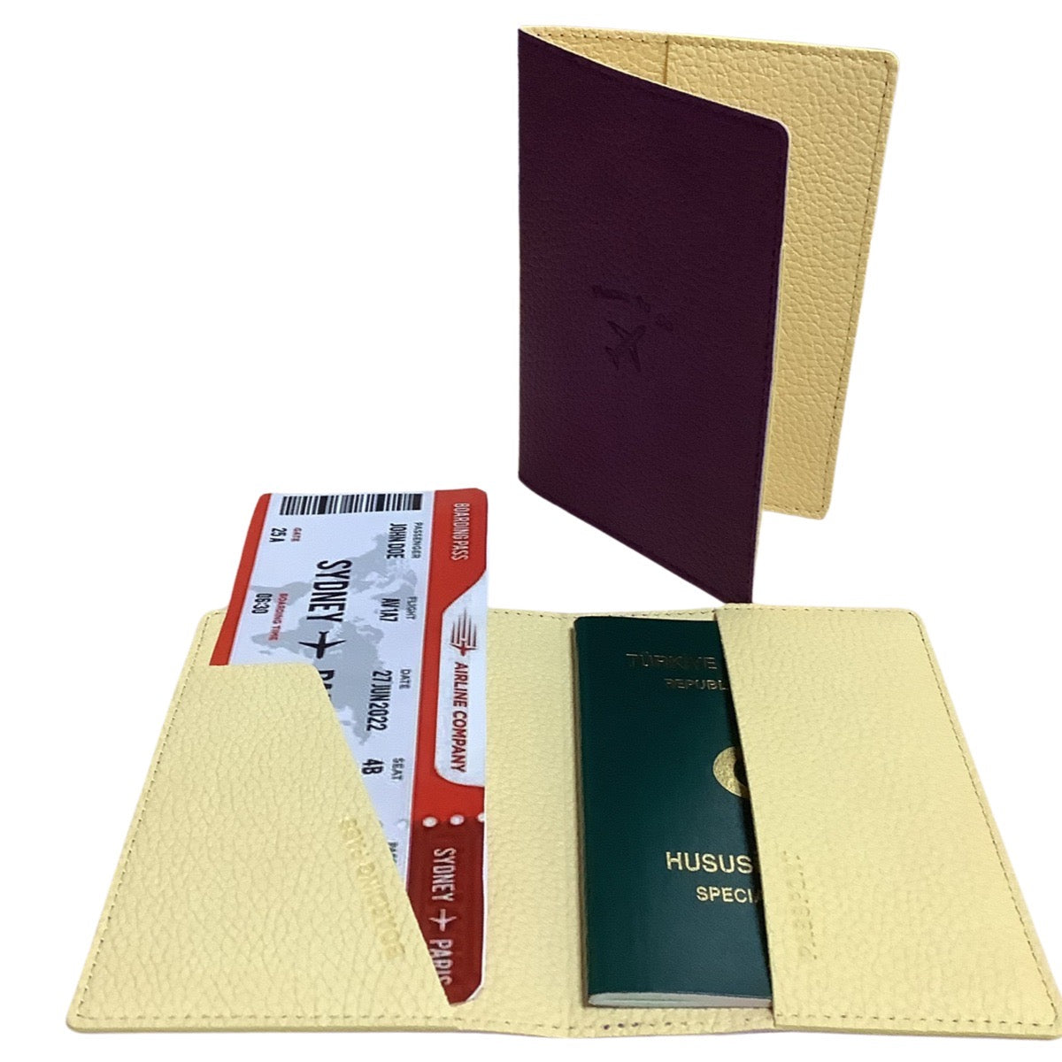 Acar Mira Termo Deri Çift Renk Pasaport Kılıfı Pasaportluk Seyahat Cüzdanı Mor-Sarı
