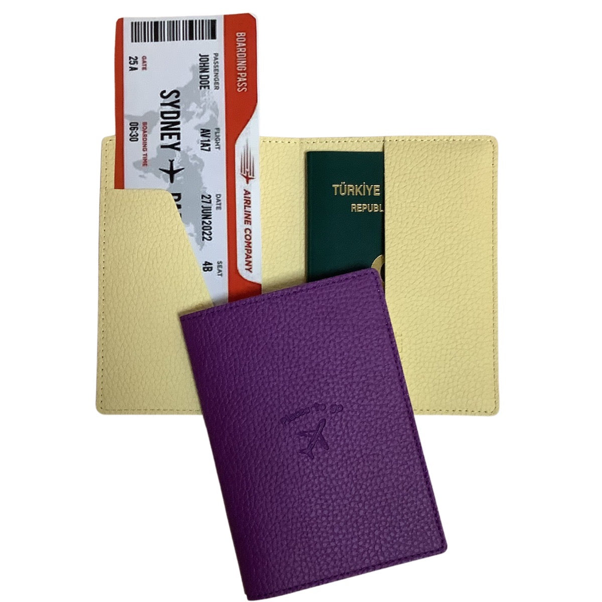 Acar Mira Termo Deri Çift Renk Pasaport Kılıfı Pasaportluk Seyahat Cüzdanı Mor-Sarı