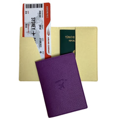Acar Mira Termo Deri Çift Renk Pasaport Kılıfı Pasaportluk Seyahat Cüzdanı Mor-Sarı