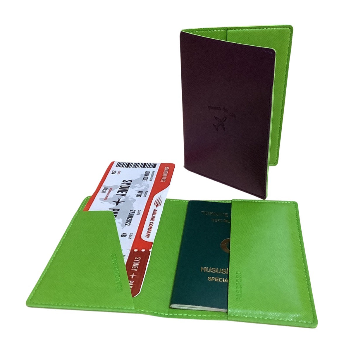 Acar Mira Termo Deri Çift Renk Pasaport Kılıfı Pasaportluk Seyahat Cüzdanı Mor-Yeşil