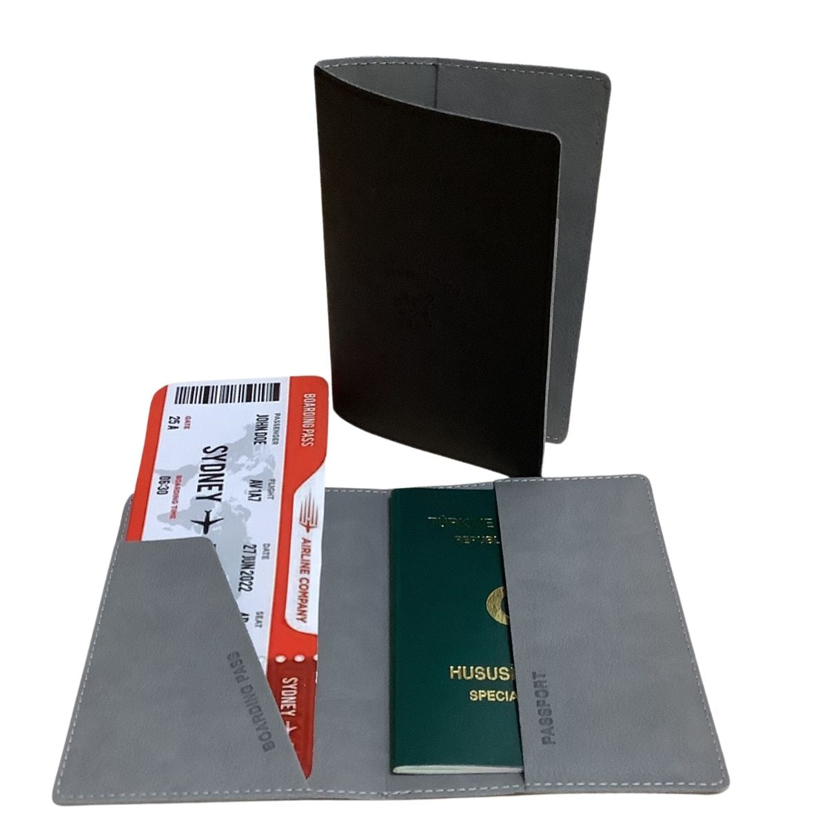 Acar Mira Termo Deri Çift Renk Pasaport Kılıfı Pasaportluk Seyahat Cüzdanı Siyah-Gri