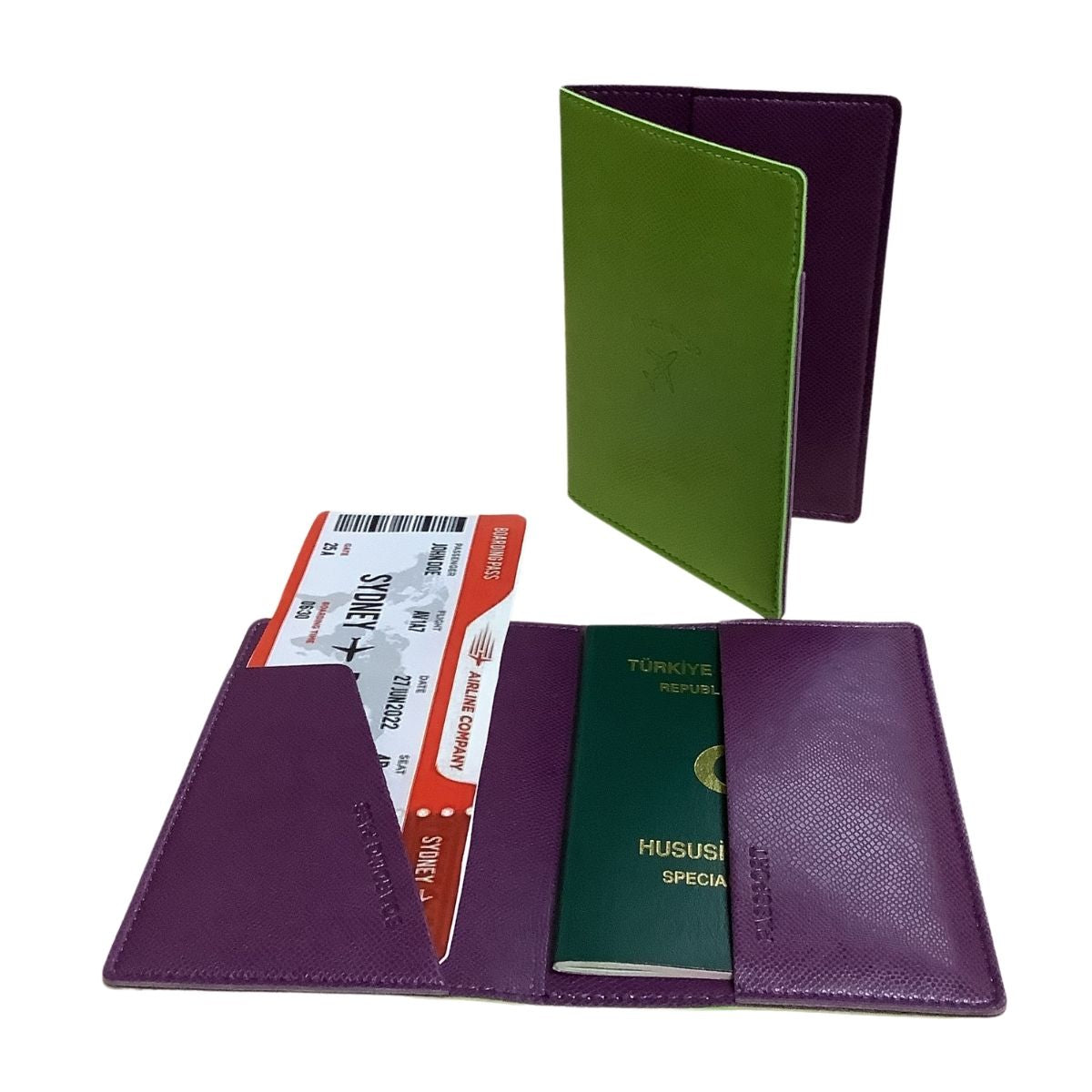 Acar Mira Termo Deri Çift Renk Pasaportluk Pasaport Kılıfı Seyahat Cüzdanı Yeşil-Mor