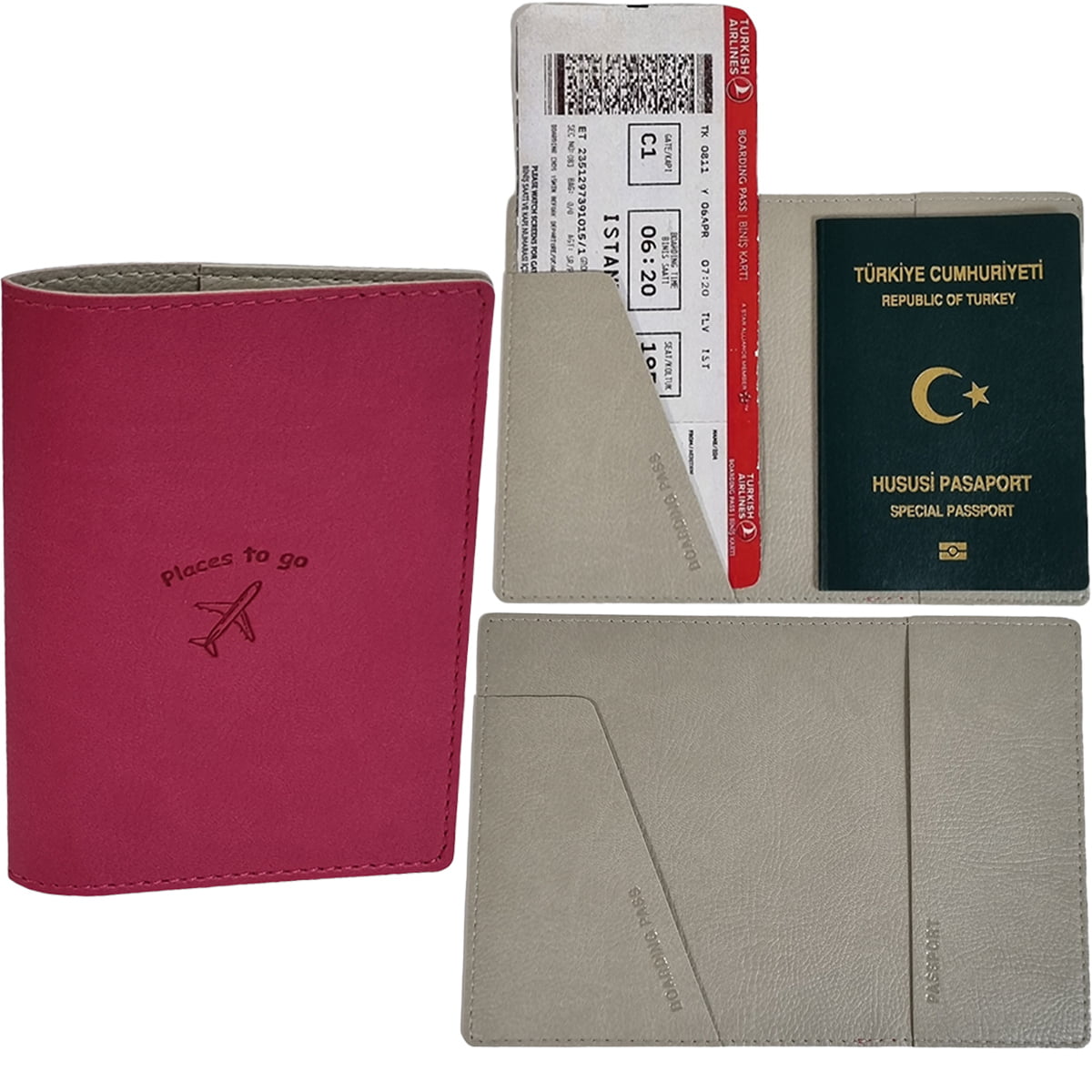 Acar Mira Termo  Deri Çift Renk Pasaport Kılıfı Pasaportluk Seyahat Cüzdanı Fuşya-Taş Rengi