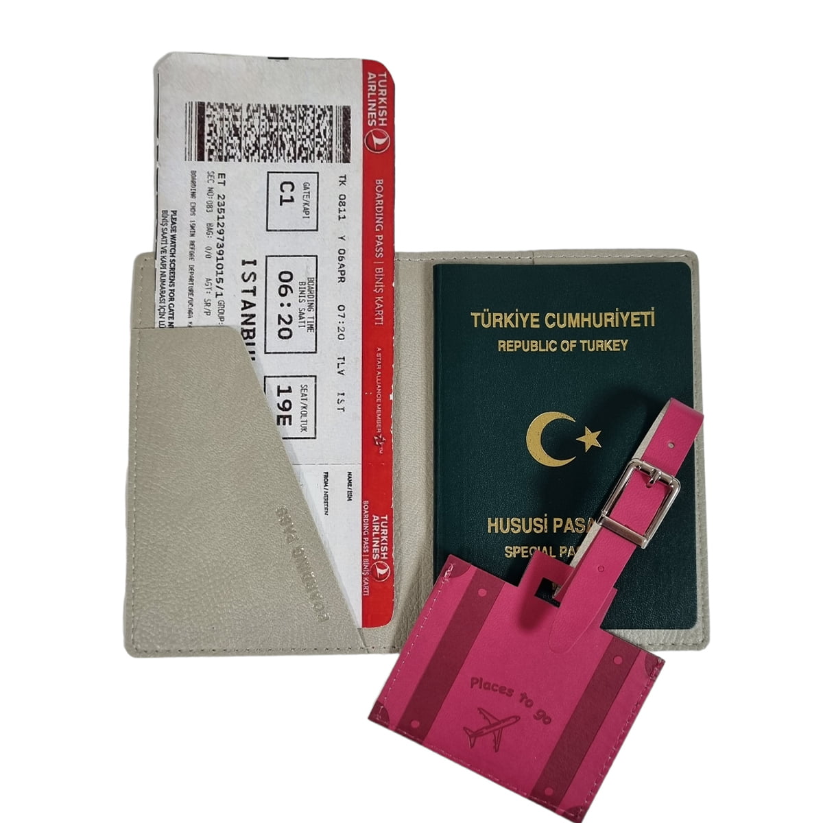 Acar Giza Termo Deri Çift Renkli Bagaj Valiz Etiketi Fuşya-Taş Rengi