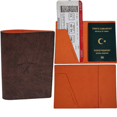 Acar Mira Termo Deri Çift Renk Pasaport Kılıfı Pasaportluk Seyahat Cüzdanı Kahverengi-Turuncu