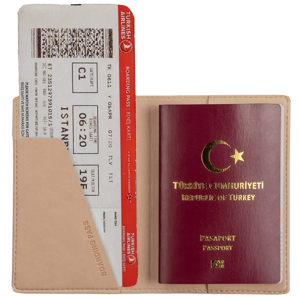 Acar Mira Termo Deri Baskılı Pasaportluk Pasaport Kılıfı Seyahat Cüzdanı Açık Bej