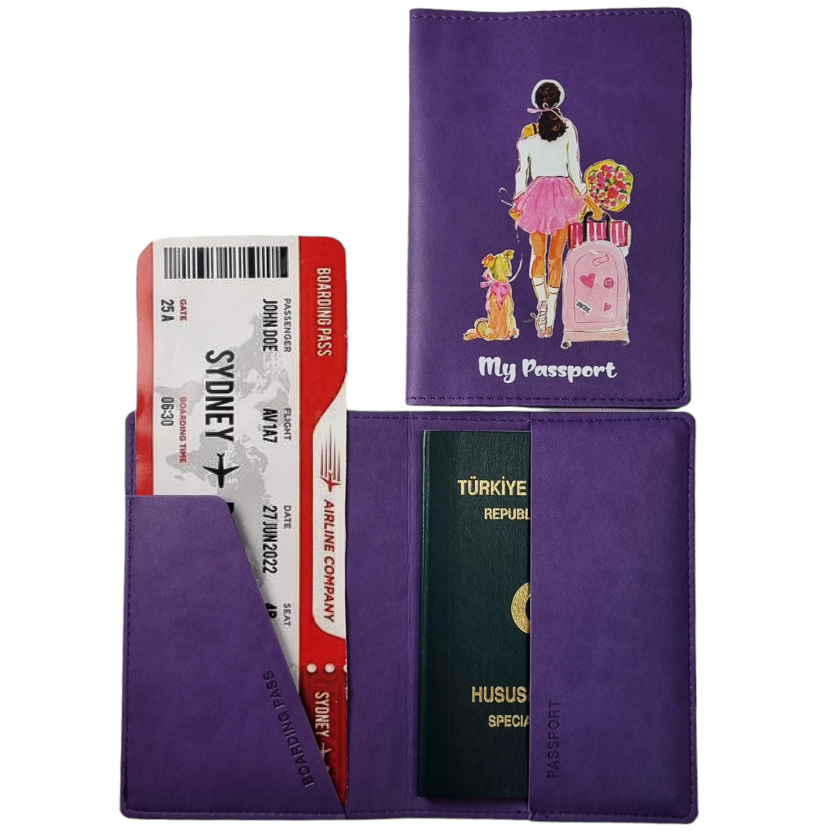 Acar Mira Termo Deri Baskılı Pasaport Kılıfı Pasaportluk Seyahat Cüzdanı Koyu Mor
